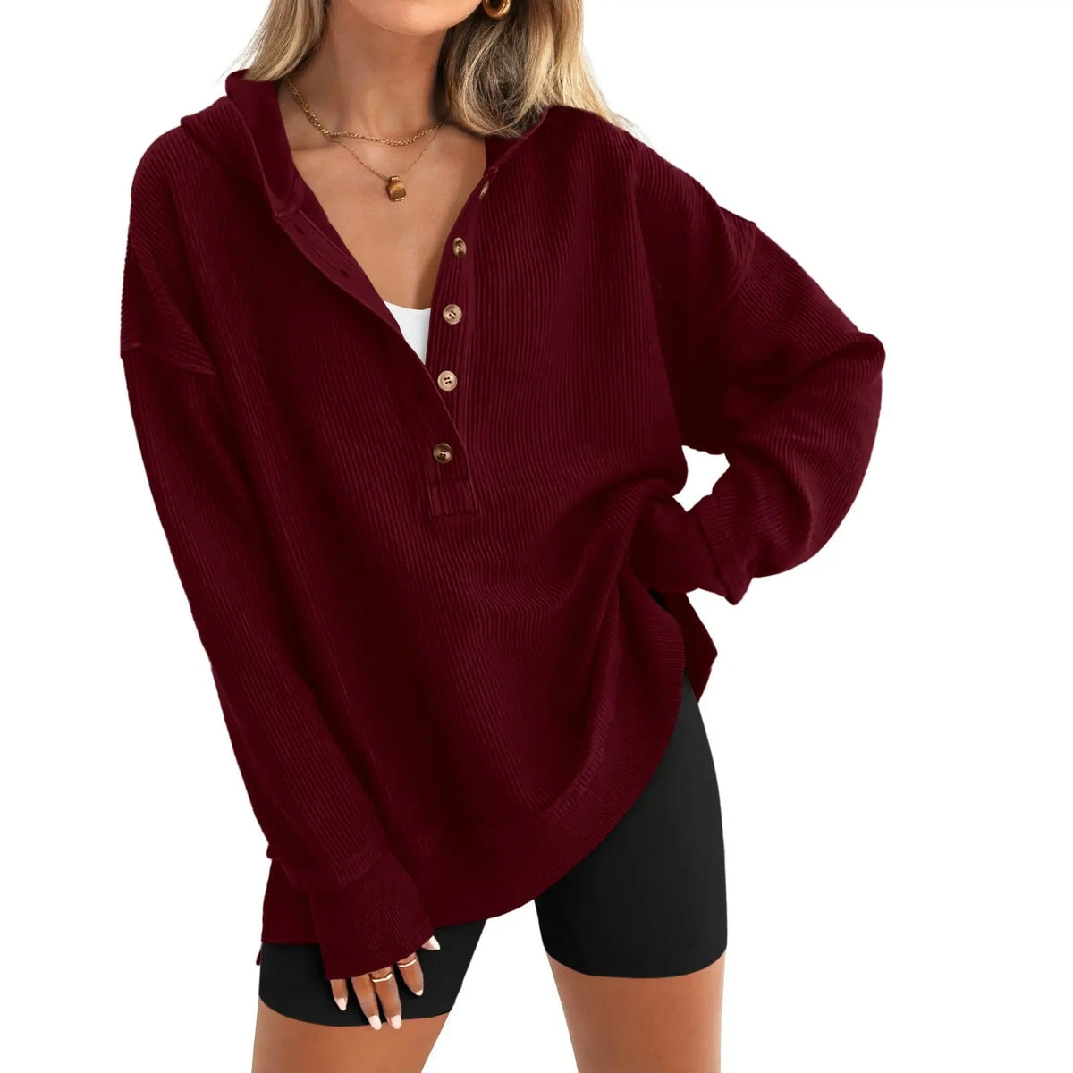 🤲Women's Oversized Button V-Neck Hoodie Sweatshirt Long Sleeve Side Slit Casual Fall Pullover Top