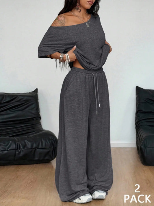 🌷Special Price-7 pack-Women’s Off-Shoulder T-Shirt and Wide Leg Pants Set