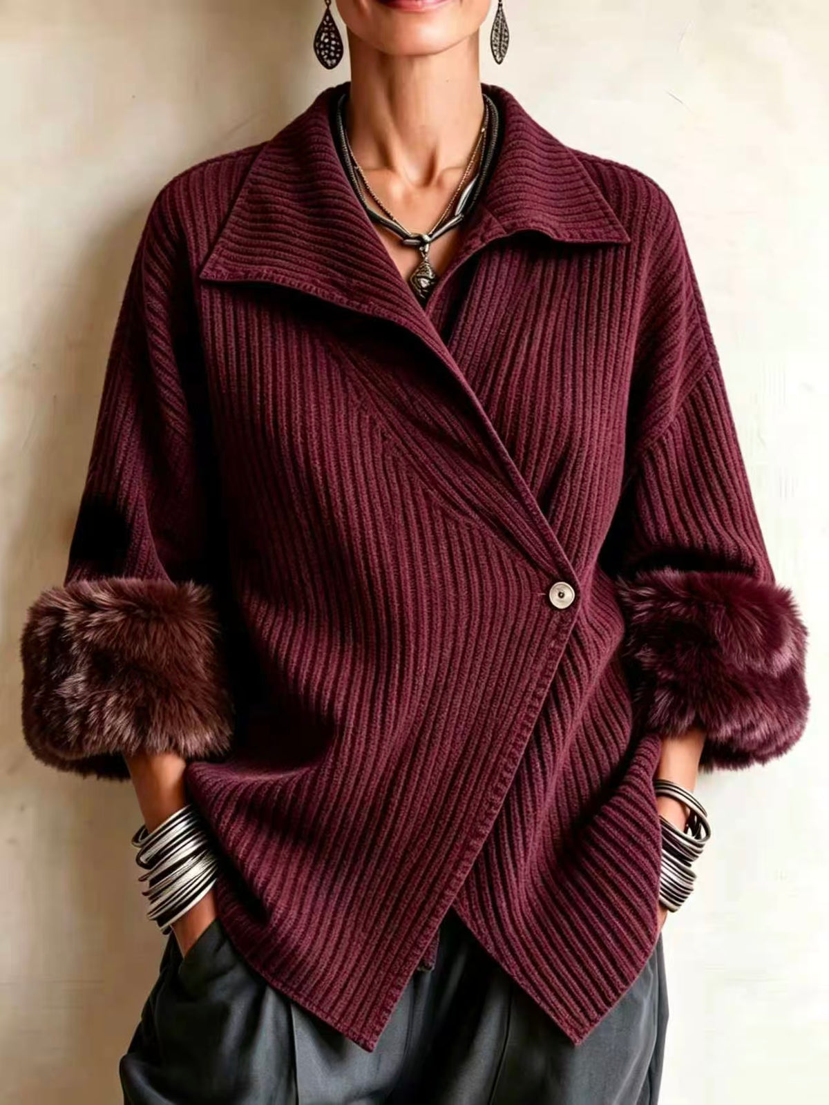 🤲LAST DAY SAVE 49% ⏰Cozy Ribbed Fur-trimmed Knitted Cardigan