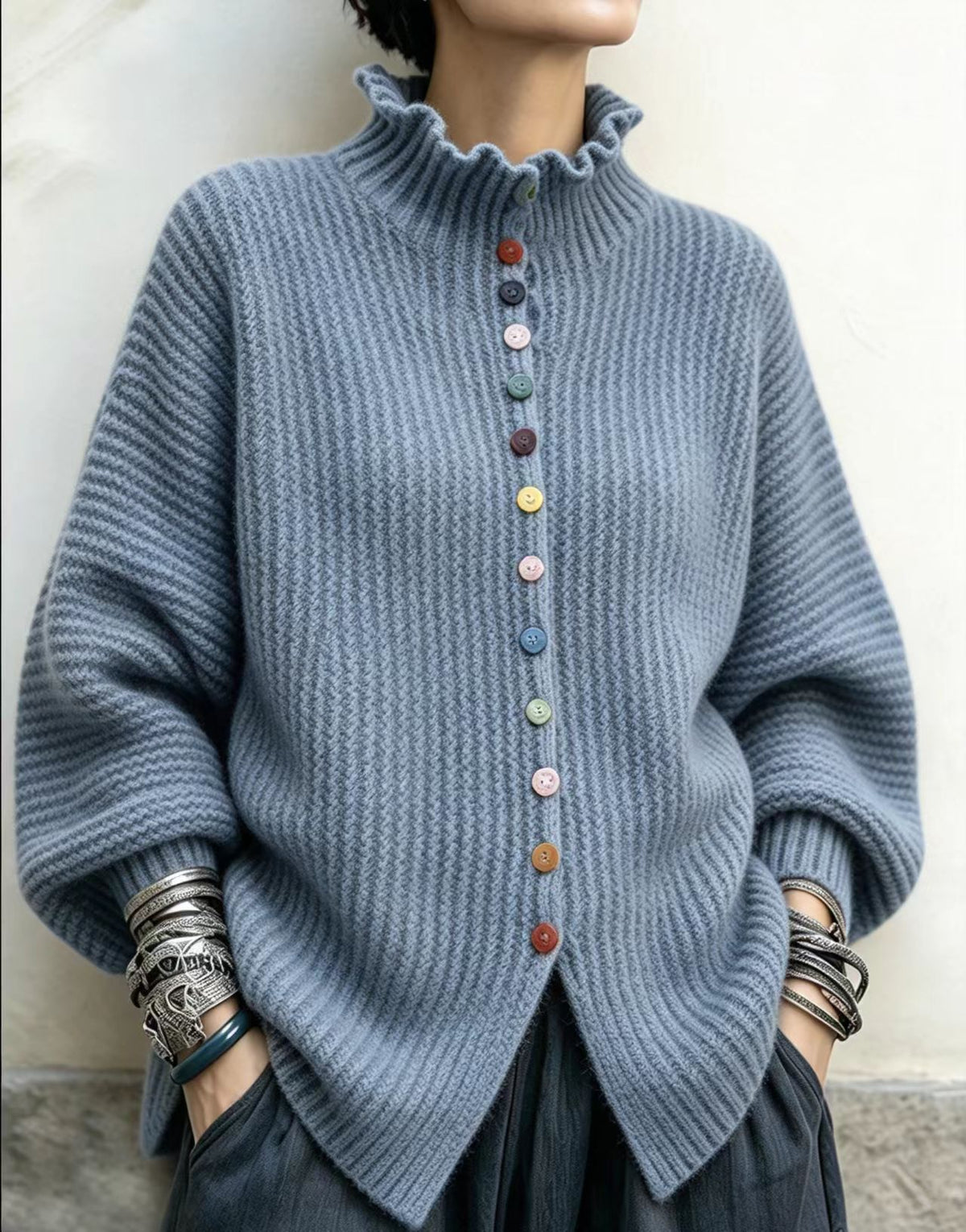 🤲LAST DAY SAVE 49% ⏰Vibrant Ruffled Turtleneck Sweater With Colorful Rainbow Buttons