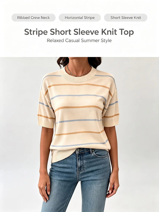 Women's Striped Knit Short Sleeve Pullover