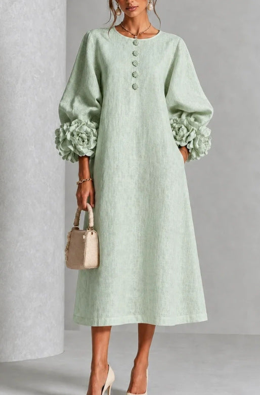 🤲LAST DAY SAVE 49% ⏰Chic Chambray Denim 3D Rosette Sleeve Midi Dress