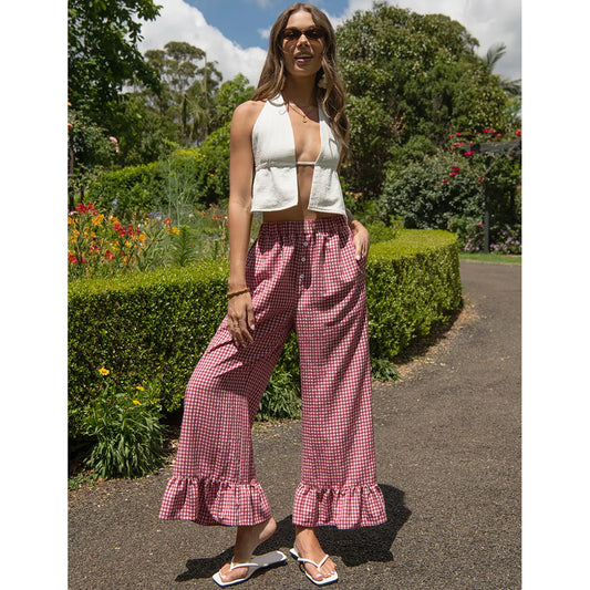 🌷Special Price Today⚡TARSE Gingham Ruffle Wide Leg Pants for Women