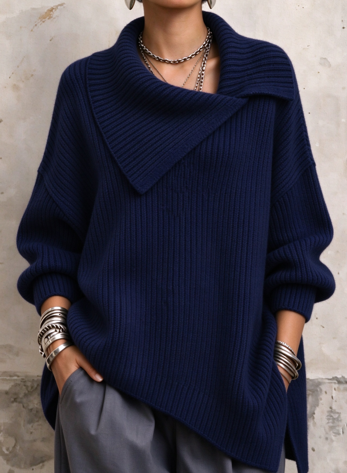 🤲LAST DAY SAVE 49% ⏰Asymmetric Fold‑Over Collar Chunky Ribbed Sweater