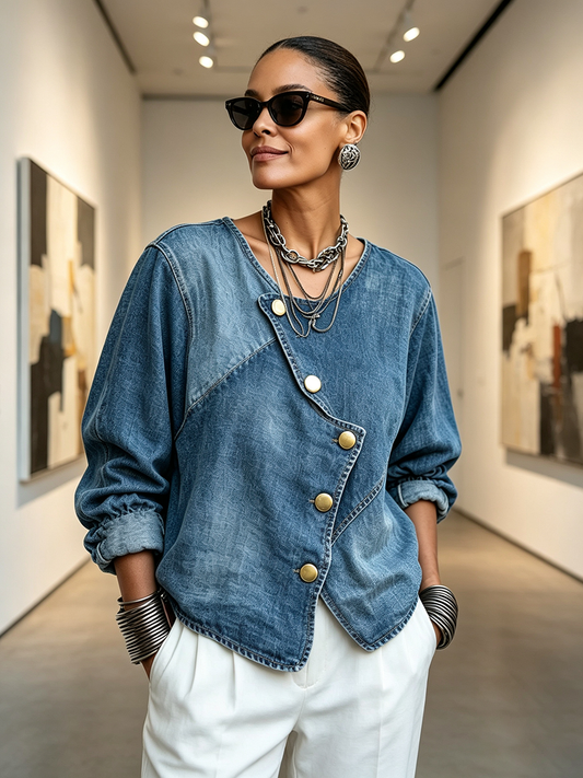🤲LAST DAY SAVE 49% ⏰Artisti Cozy Asymmetrical Denim Blouse