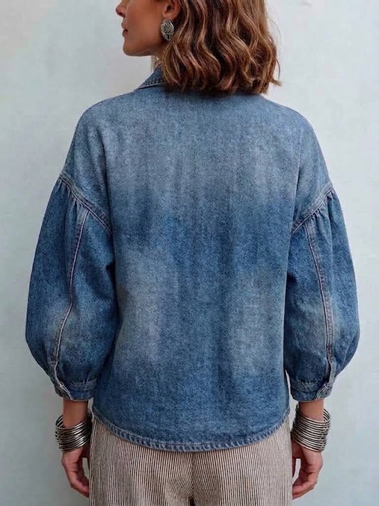 🤲LAST DAY SAVE 49% ⏰Asymmetrical Slant Gold Button Lantern Sleeve Denim Jacket