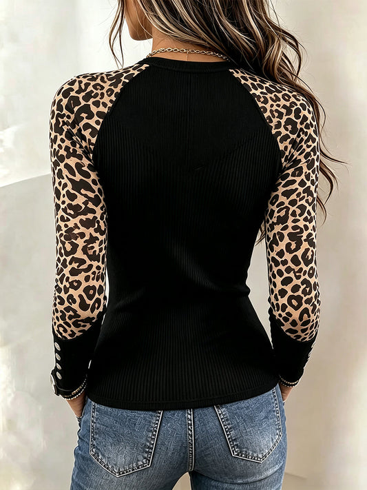 🤲LAST DAY SAVE 49% ⏰Chic Leopard-Sleeve Asymmetrical Zipper Ribbed Top