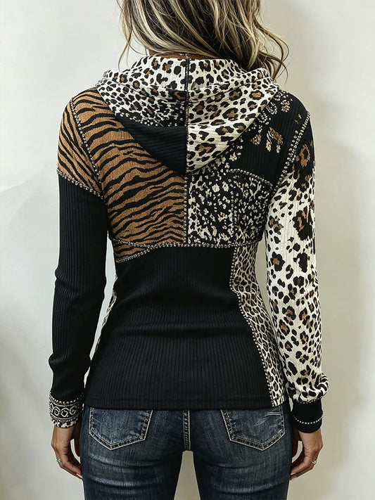 🤲LAST DAY SAVE 49% ⏰Chic Animal Patchwork Print Ribbed Hooded Top
