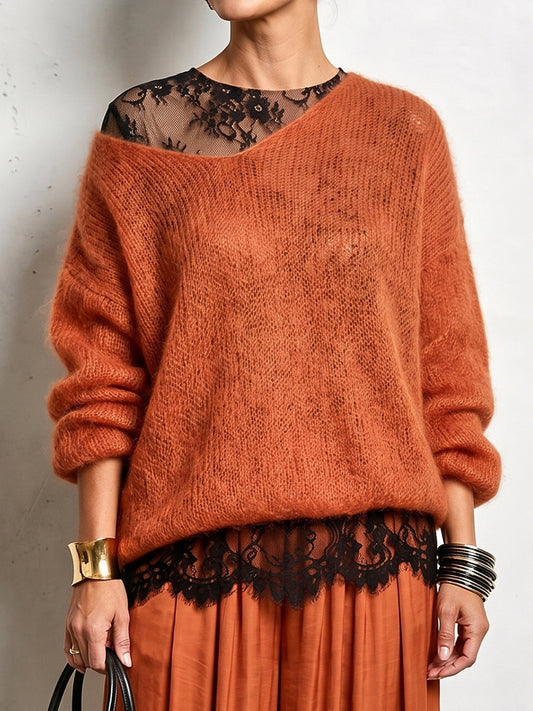 🤲LAST DAY SAVE 49% ⏰Cozy Lace Long Sleeve T-shirt And Mohair Knit Sweater Two Piece Set