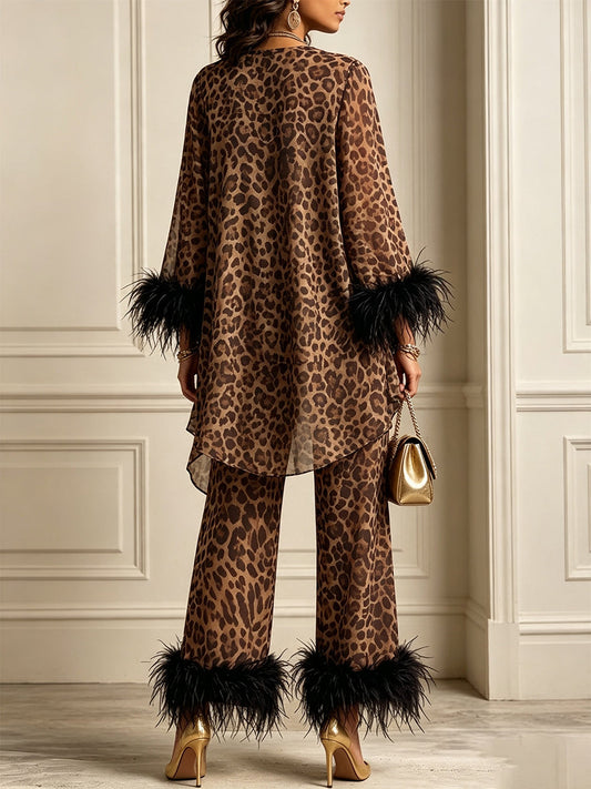 🤲LAST DAY SAVE 49% ⏰Chic Leopard Print Feather-Trimmed Two-Piece Set