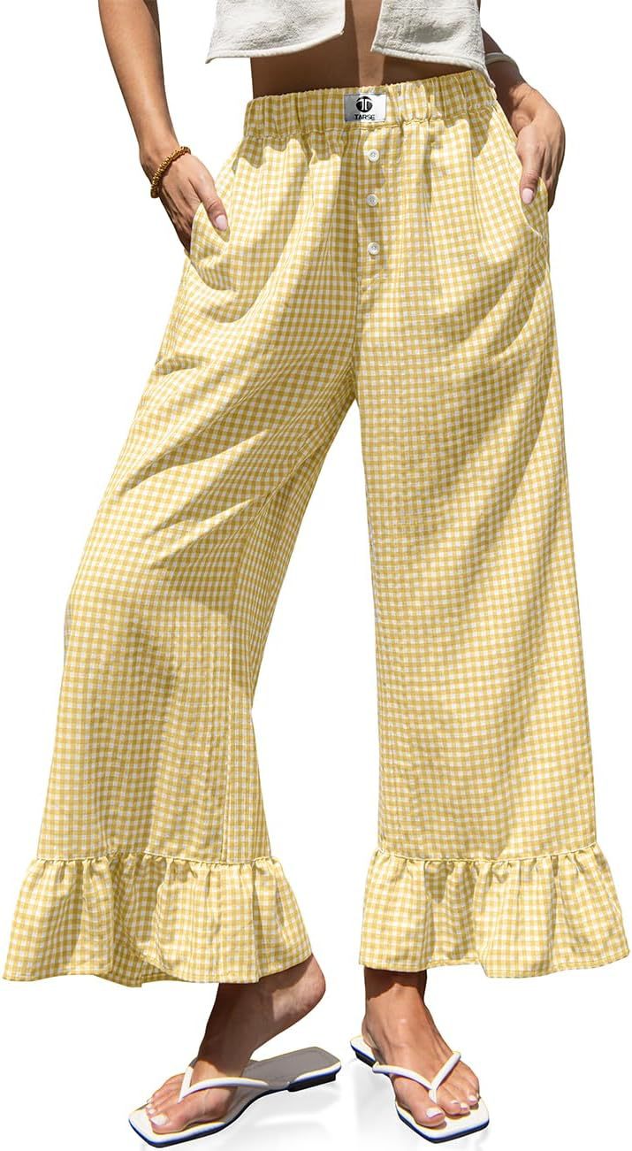 🌷Special Price Today⚡TARSE Gingham Ruffle Wide Leg Pants for Women