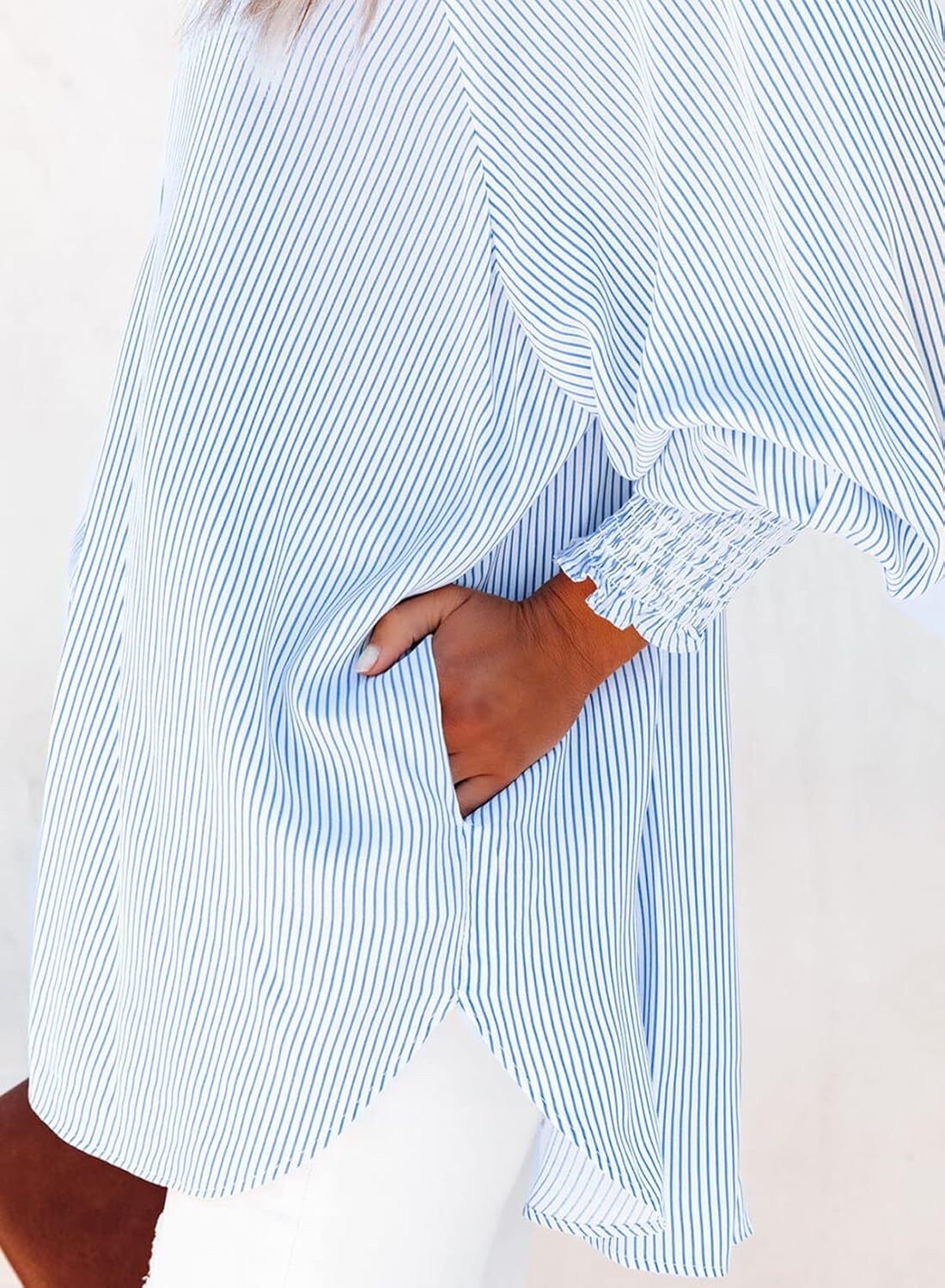 🤲🔥2026 Clearance Item🔥Women's pleated cuffs striped shirt with pockets and casual collar