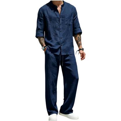 💚Men's Linen Stand Collar Long Sleeve Button Shirt & Straight Leg Belted Pants Set