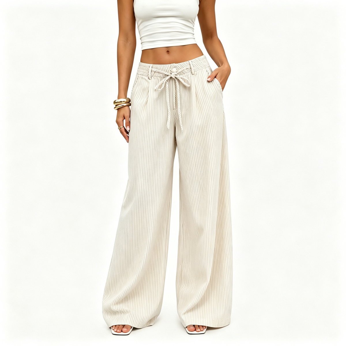 💚 Women's  Striped With Pockets Black Baggy Low Rise Wide Leg Pants