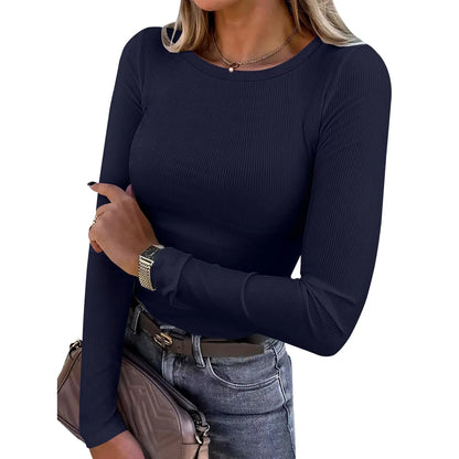 🤲Women's Ribbed Long Sleeve Crewneck Top – Slim Fit Basic Tee