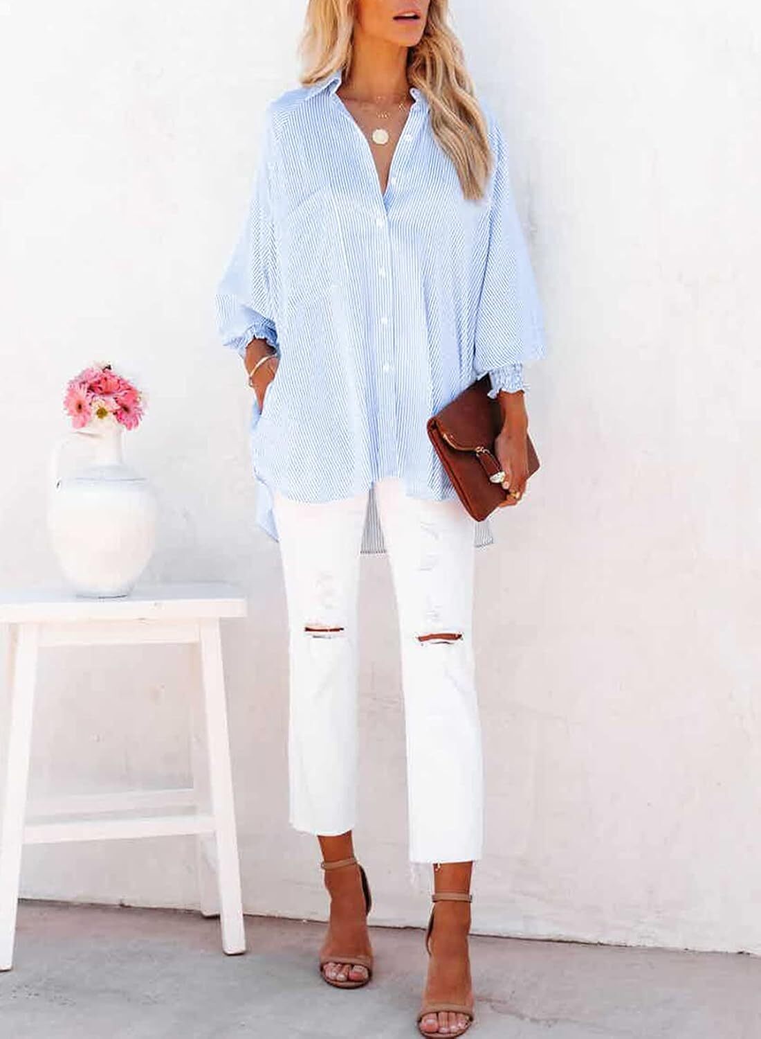 🤲🔥2026 Clearance Item🔥Women's pleated cuffs striped shirt with pockets and casual collar