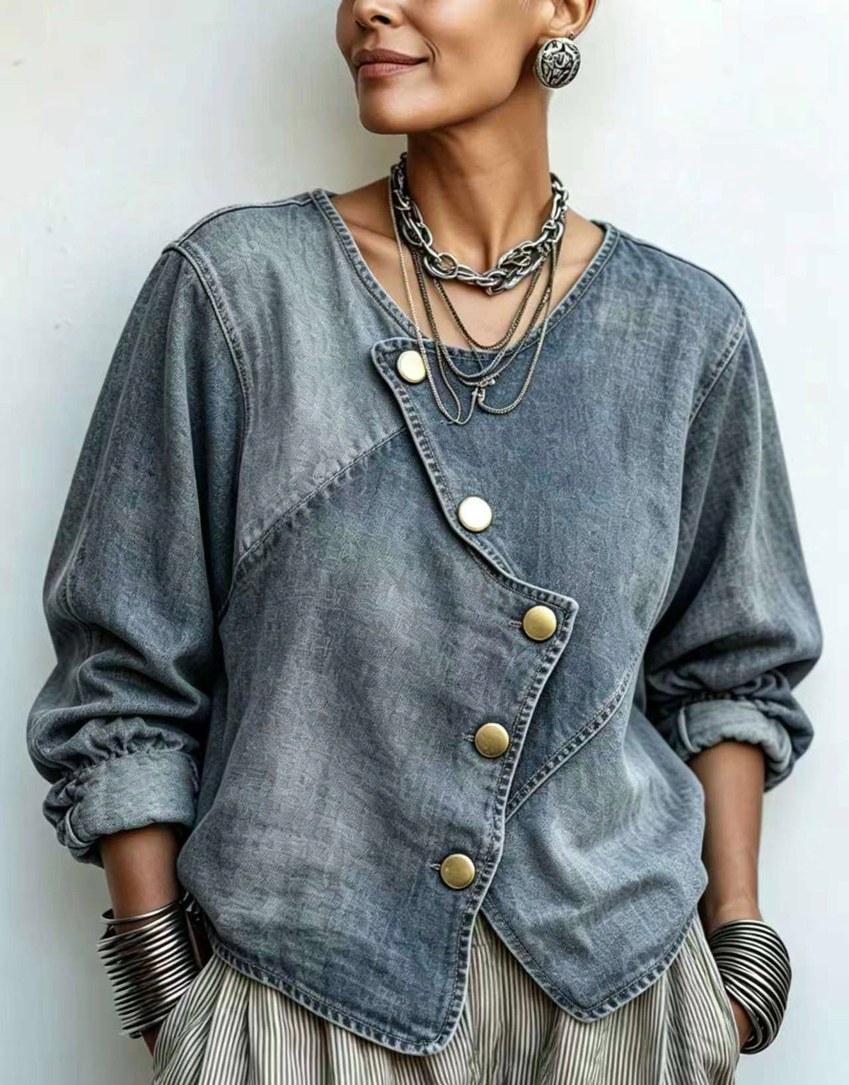 🤲LAST DAY SAVE 49% ⏰Artisti Cozy Asymmetrical Denim Blouse