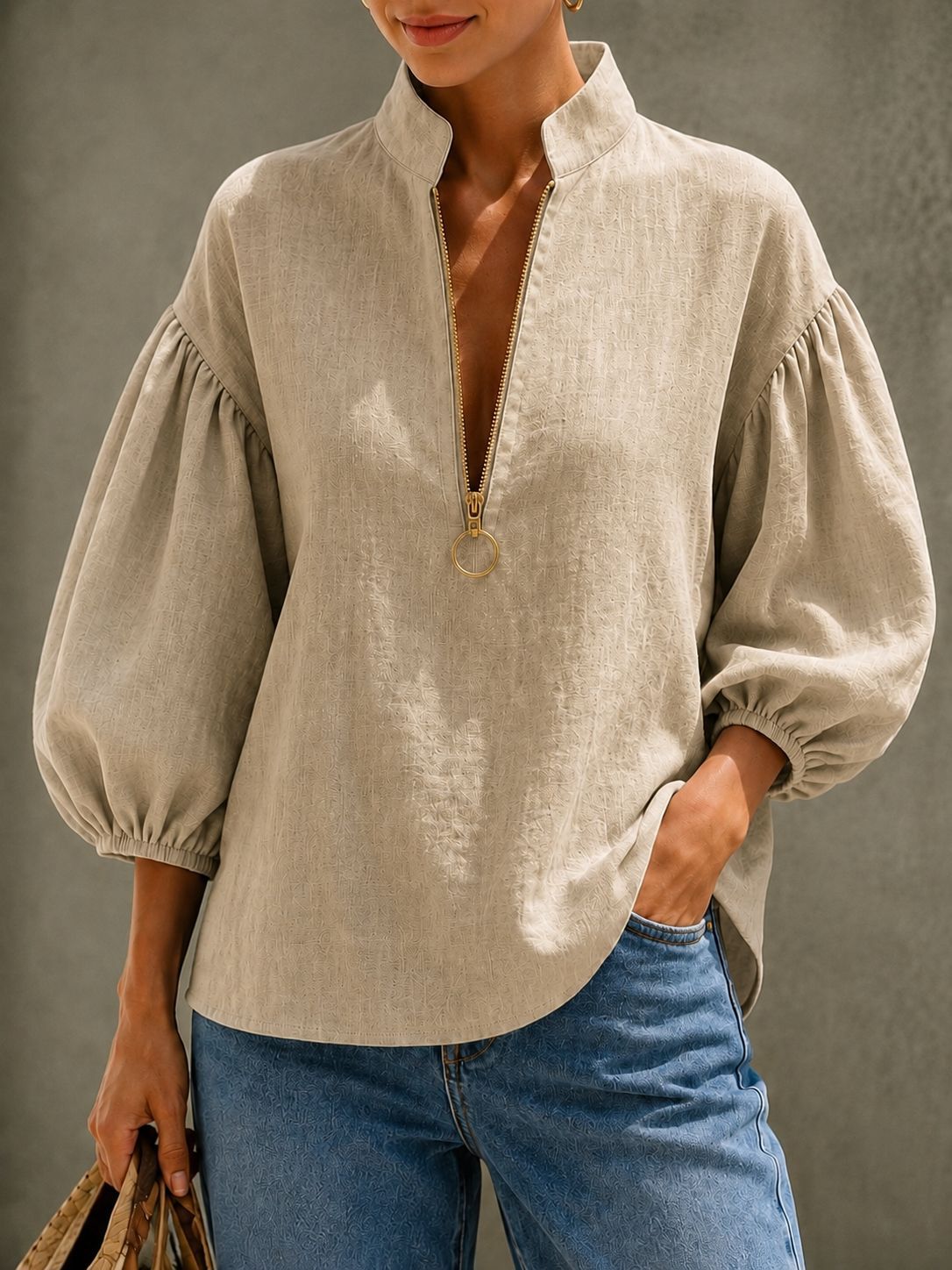 🌷Women's Relaxed V-Neck Zip Blouse – Effortless Everyday Style