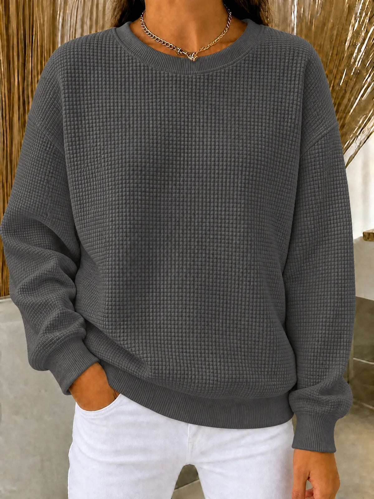 💚CLEARANCE SALE🔥Women's Waffle Knit Crewneck Sweatshirt