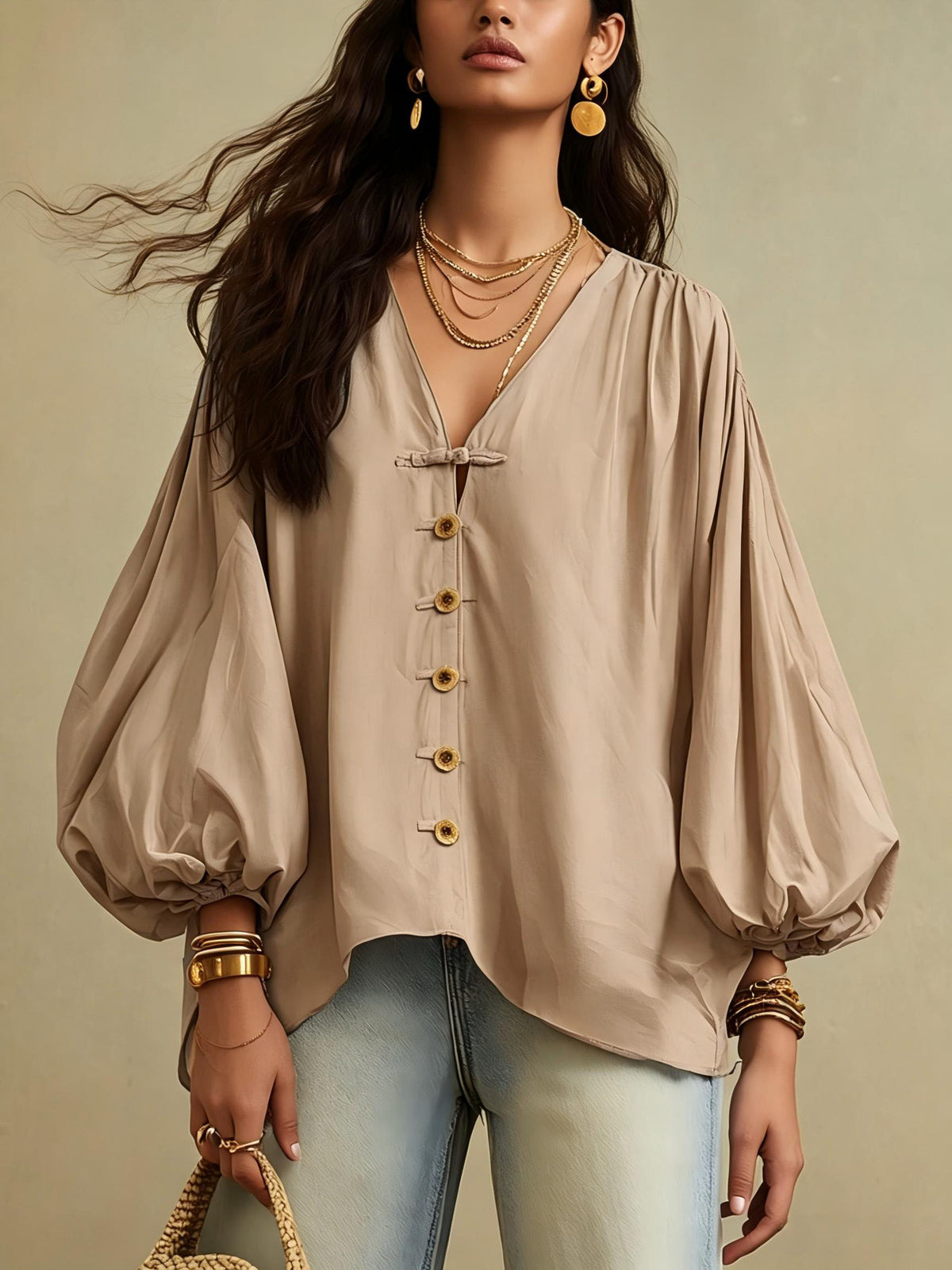 🌷Relaxed V-Neck Puff Sleeve Blouse – Effortless Everyday Style
