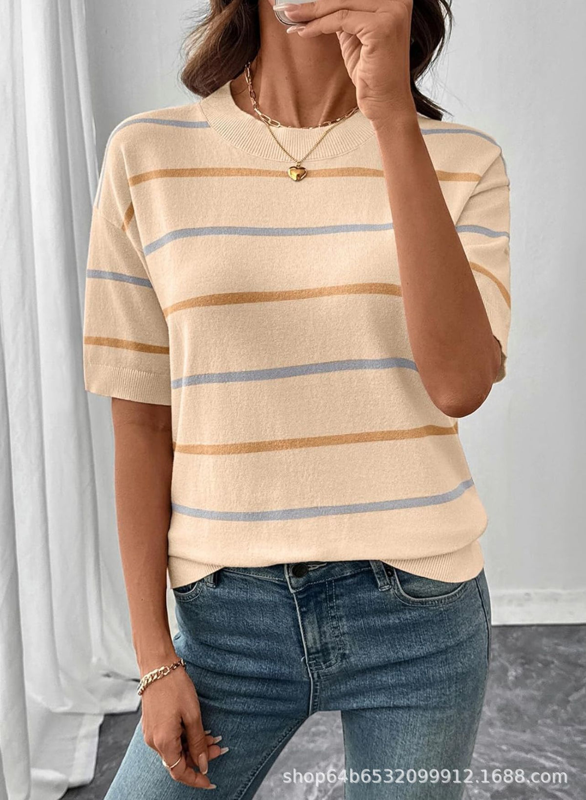 Women's Striped Knit Short Sleeve Pullover
