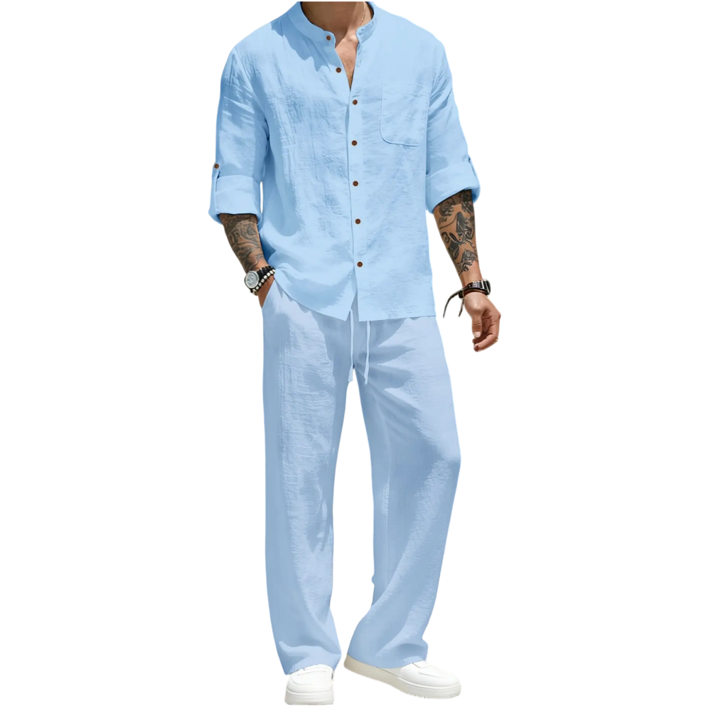 💚Men's Linen Stand Collar Long Sleeve Button Shirt & Straight Leg Belted Pants Set