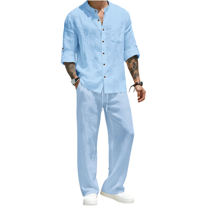 💚Men's Linen Stand Collar Long Sleeve Button Shirt & Straight Leg Belted Pants Set
