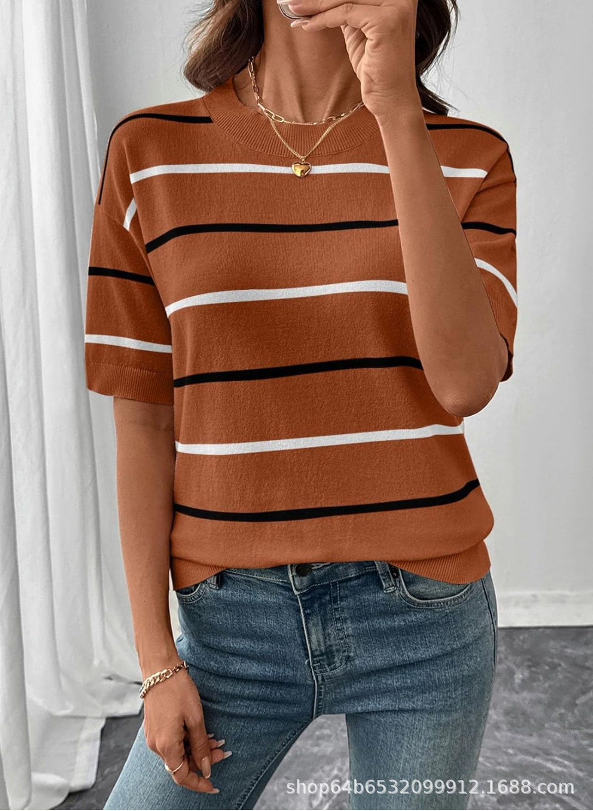 Women's Striped Knit Short Sleeve Pullover