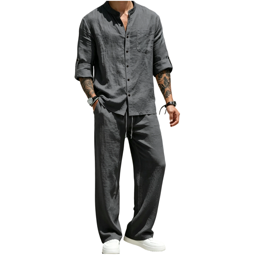 💚Men's Linen Stand Collar Long Sleeve Button Shirt & Straight Leg Belted Pants Set