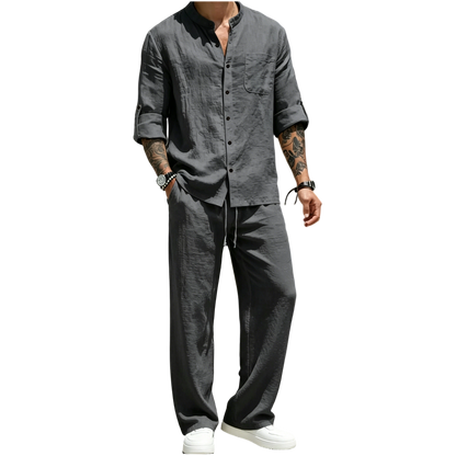 💚Men's Linen Stand Collar Long Sleeve Button Shirt & Straight Leg Belted Pants Set