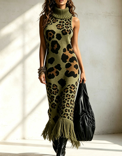 🤲LAST DAY SAVE 49% ⏰Bohemian Leopard-print Sleeveless Turtleneck Knit Midi Dress-✨FREE Handbag