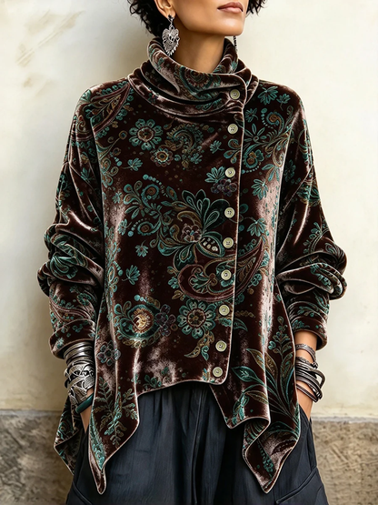 🤲LAST DAY SAVE 49% 🐆Chic Velvet Asymmetric Button Turtleneck Top