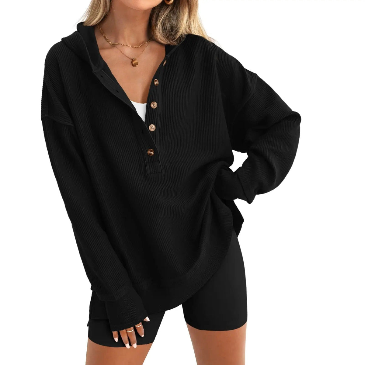 🤲Women's Oversized Button V-Neck Hoodie Sweatshirt Long Sleeve Side Slit Casual Fall Pullover Top