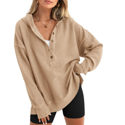 💚Women's Oversized Button V-Neck Hoodie Sweatshirt Long Sleeve Side Slit Casual Fall Pullover Top
