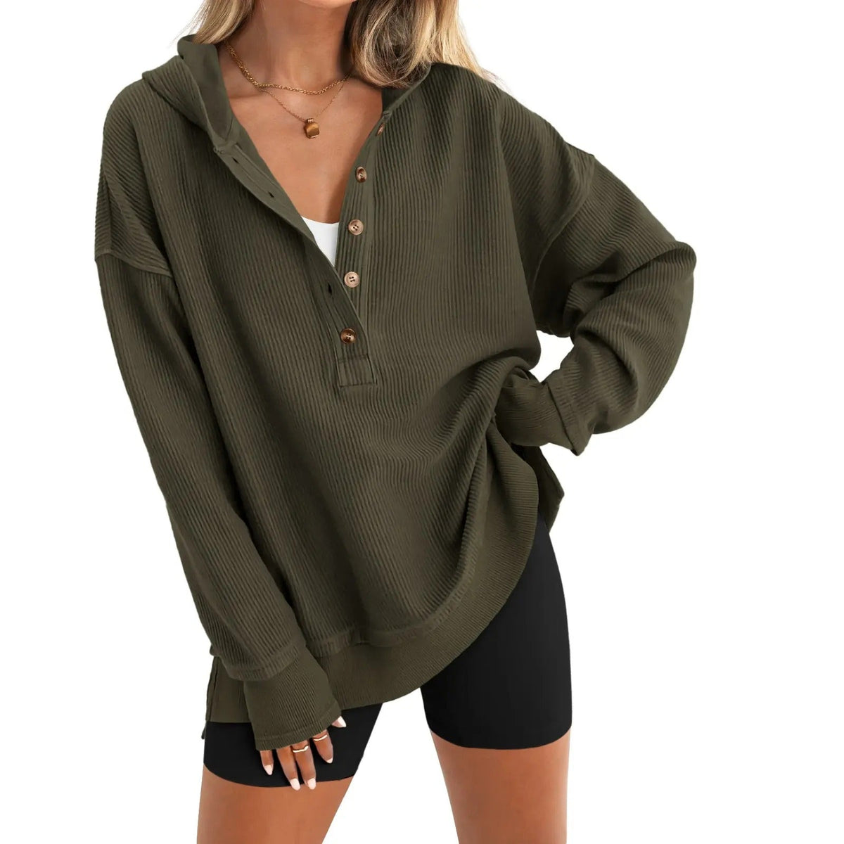 💚Women's Oversized Button V-Neck Hoodie Sweatshirt Long Sleeve Side Slit Casual Fall Pullover Top