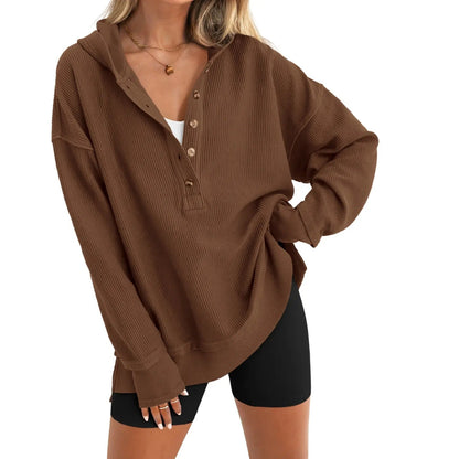 🤲Women's Oversized Button V-Neck Hoodie Sweatshirt Long Sleeve Side Slit Casual Fall Pullover Top