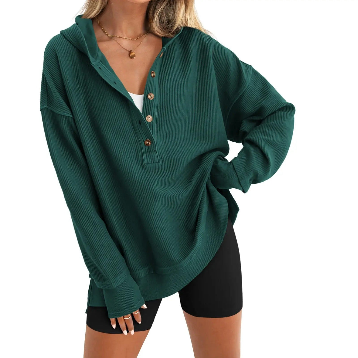 🤲Women's Oversized Button V-Neck Hoodie Sweatshirt Long Sleeve Side Slit Casual Fall Pullover Top