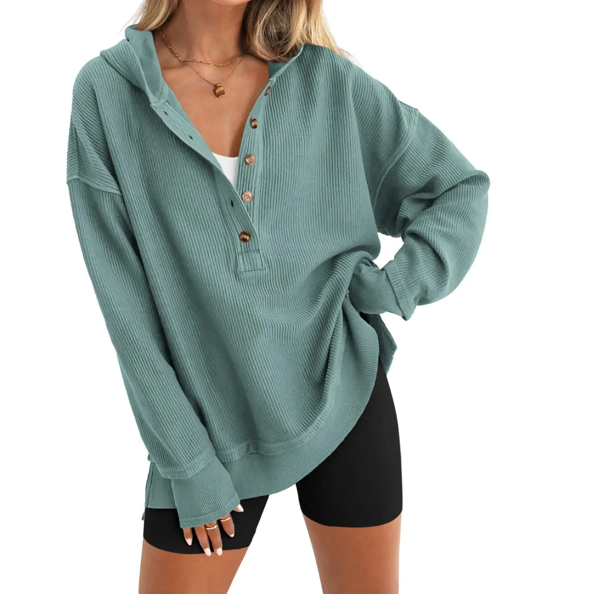 🤲Women's Oversized Button V-Neck Hoodie Sweatshirt Long Sleeve Side Slit Casual Fall Pullover Top