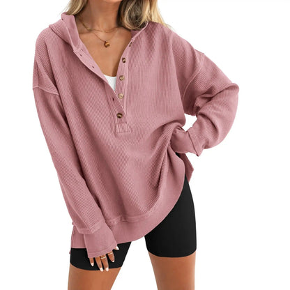 💚Women's Oversized Button V-Neck Hoodie Sweatshirt Long Sleeve Side Slit Casual Fall Pullover Top