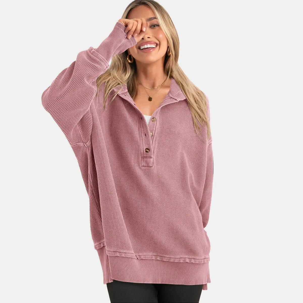 💚Women's Oversized Button V-Neck Hoodie Sweatshirt Long Sleeve Side Slit Casual Fall Pullover Top