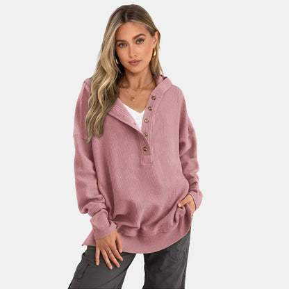 💚Women's Oversized Button V-Neck Hoodie Sweatshirt Long Sleeve Side Slit Casual Fall Pullover Top