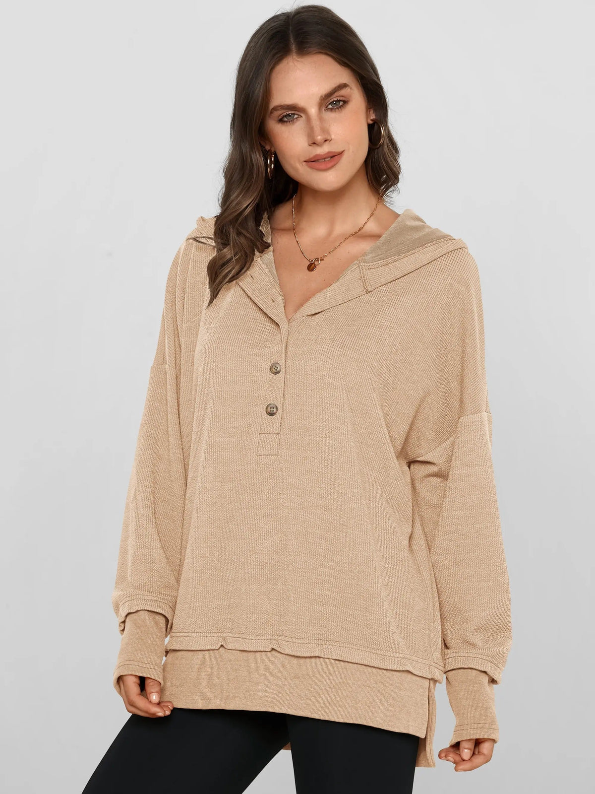 💚Women's Oversized Button V-Neck Hoodie Sweatshirt Long Sleeve Side Slit Casual Fall Pullover Top