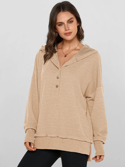 💚Women's Oversized Button V-Neck Hoodie Sweatshirt Long Sleeve Side Slit Casual Fall Pullover Top