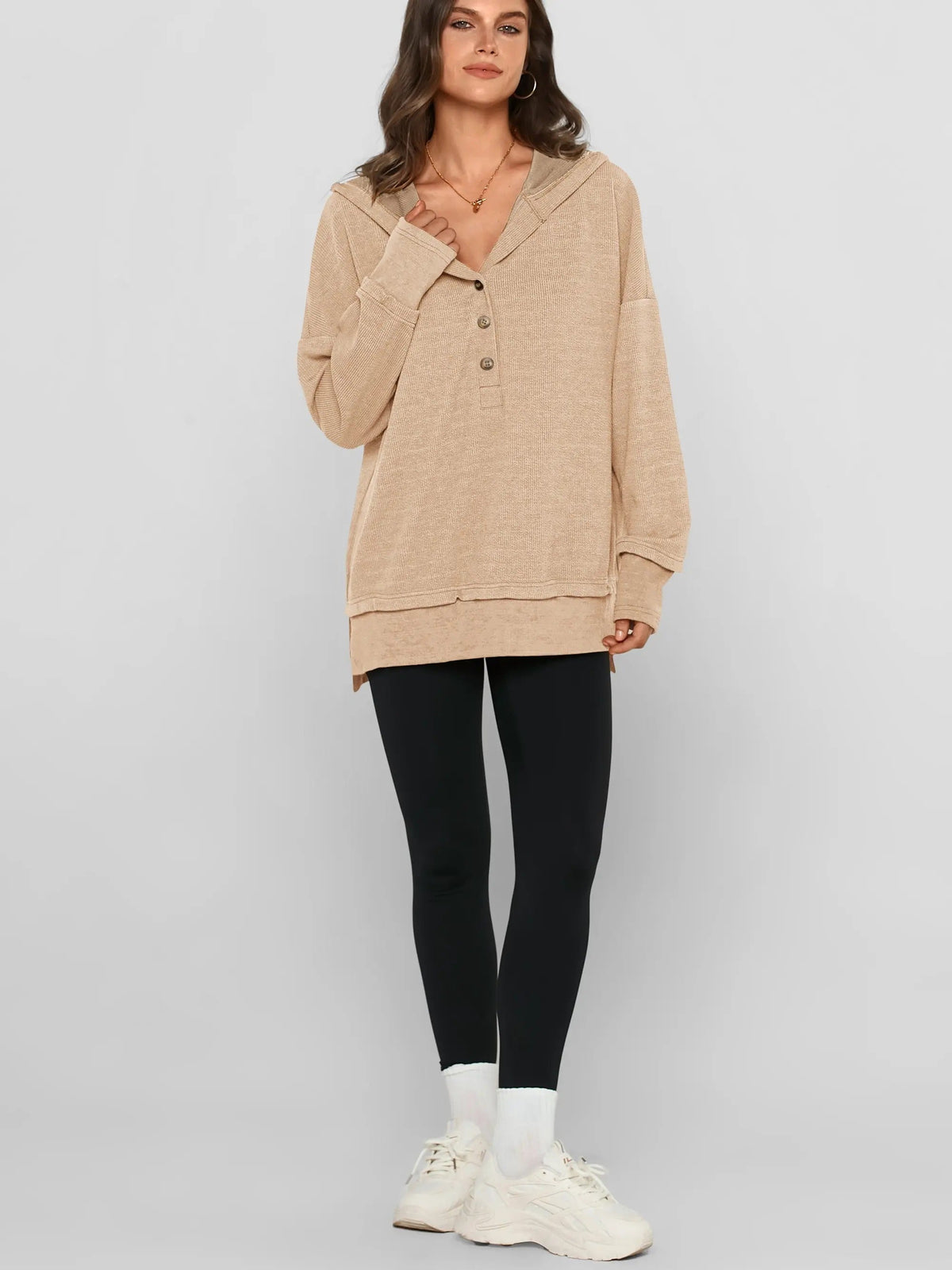 💚Women's Oversized Button V-Neck Hoodie Sweatshirt Long Sleeve Side Slit Casual Fall Pullover Top