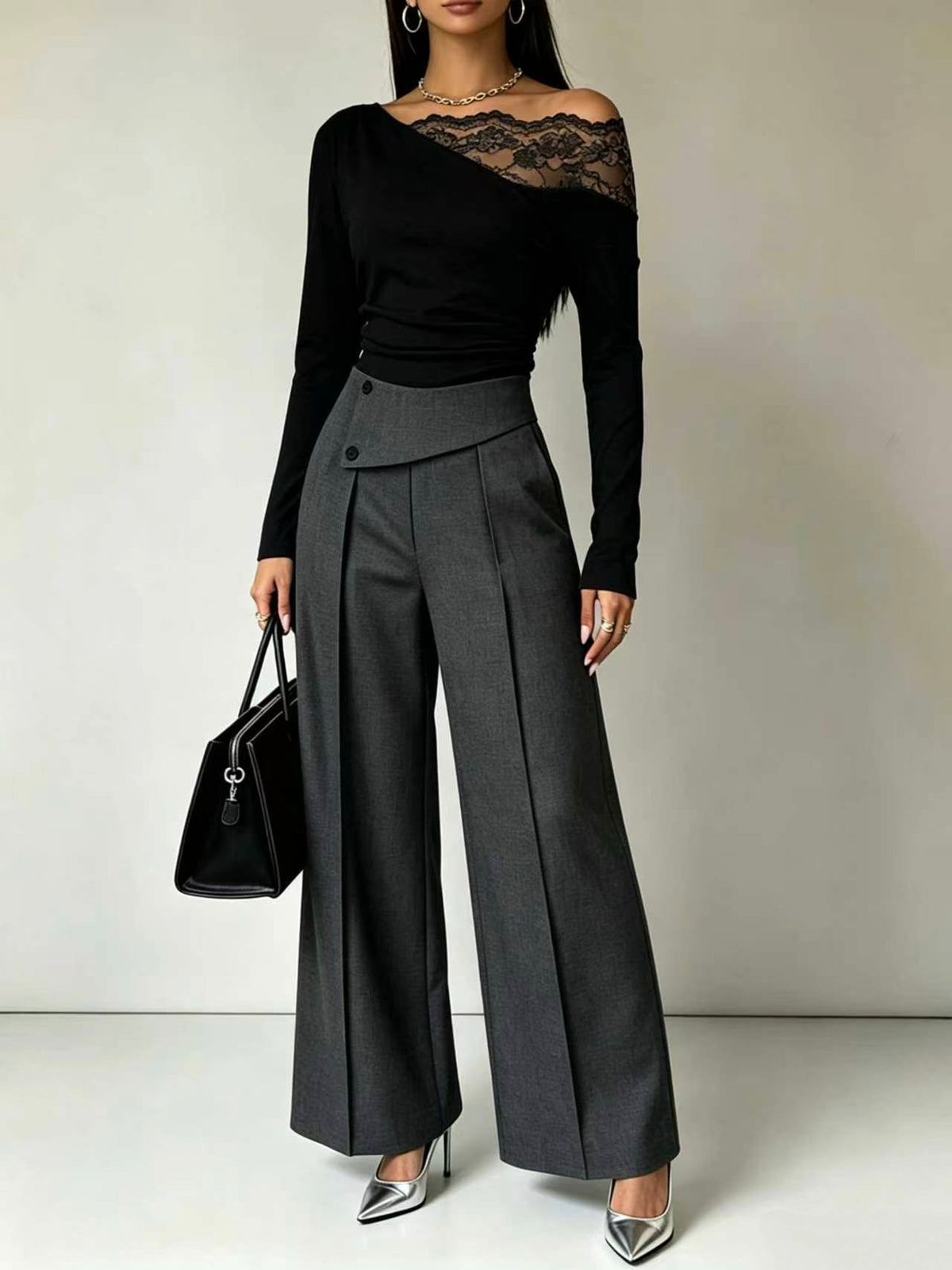 🤲LAST DAY SAVE 49% ⏰Lace-Trimmed Off-Shoulder Top & Wide-Leg Pants Set— FREE Handbag