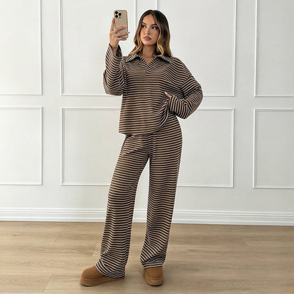 💚Long-sleeve collared striped casual wide-leg pant set