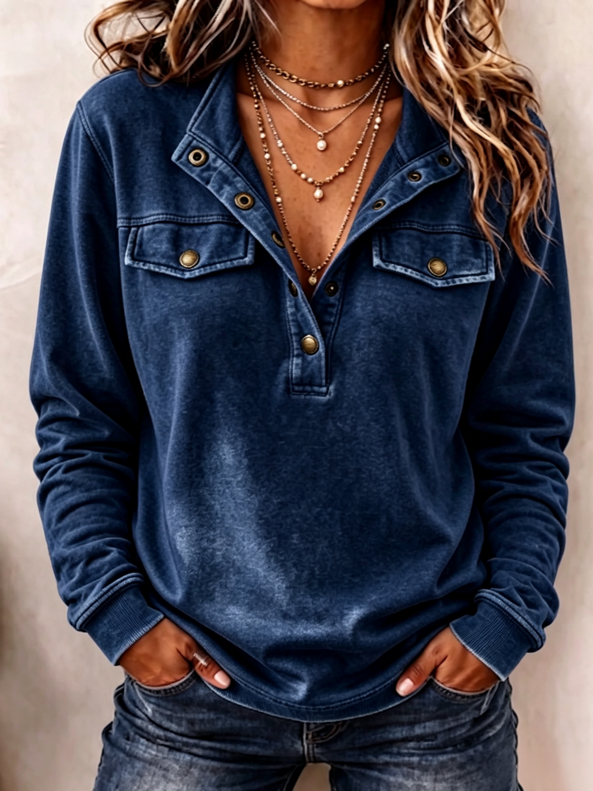 🤲LAST DAY SAVE 49% ⏰Cozy Vintage-Washed Cotton Snap Button Sweatshirt