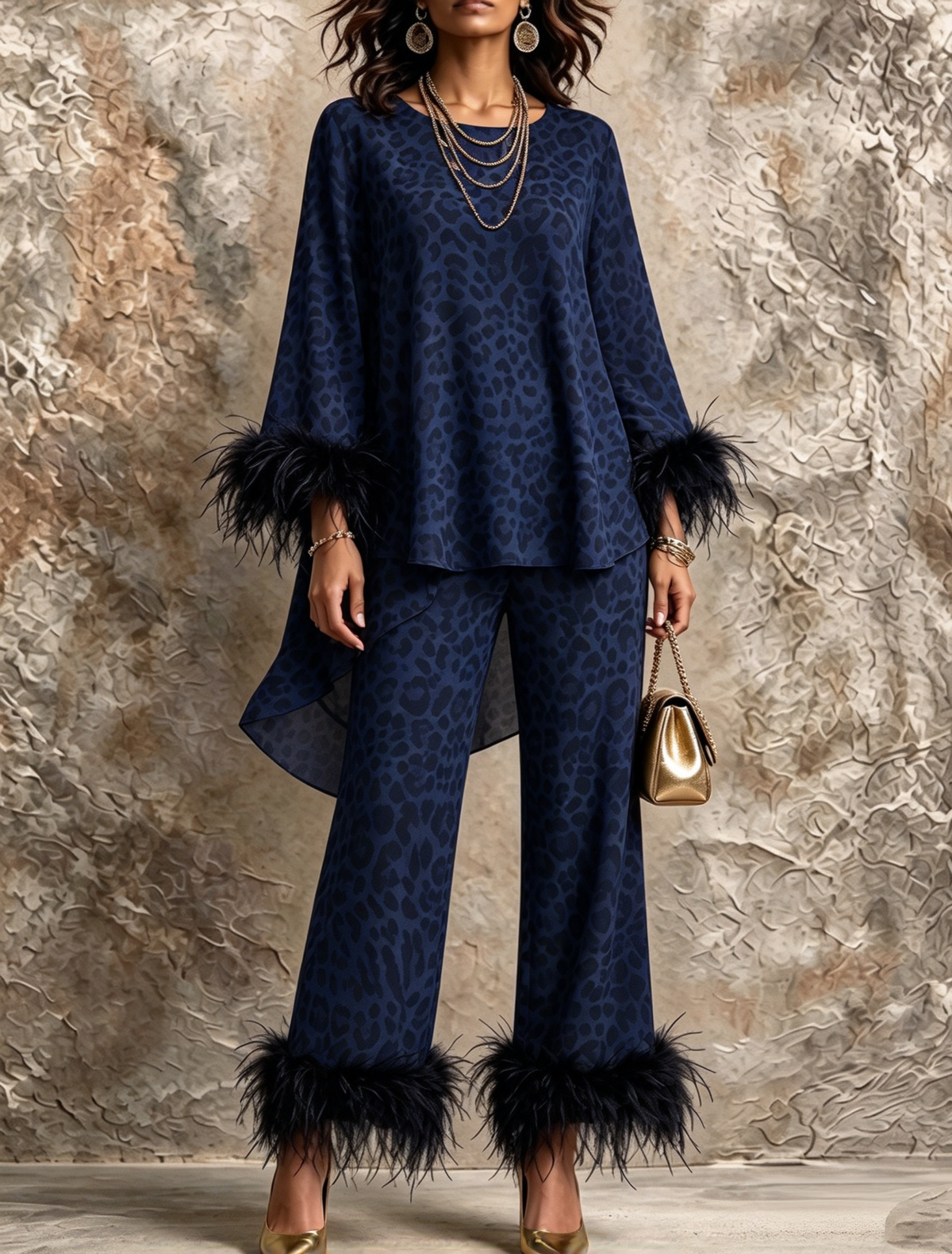 🤲LAST DAY SAVE 49% ⏰Chic Leopard Print Feather-Trimmed Two-Piece Set