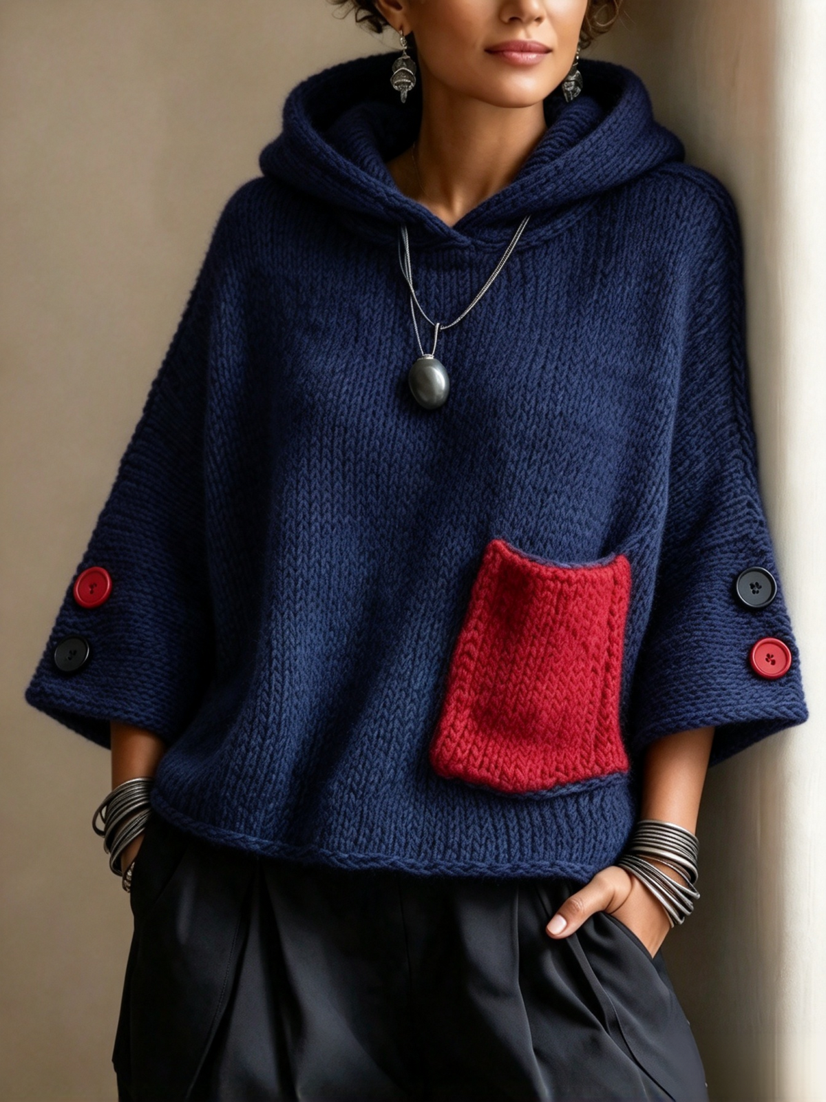 🤲LAST DAY SAVE 49% ⏰Relaxed Contrast Pocket Hooded Sweater