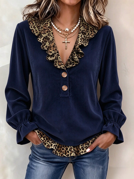 🤲LAST DAY SAVE 49% ⏰Chic Leopard-Trim Corduroy Blouse